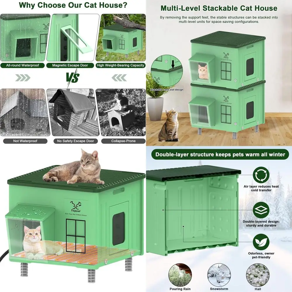 

Всепогодный уличный укрытие с подогревом для кошек с люками для побега и грелками, 17,7x17x17,5 зеленый, для ферлов и бродячих кошек