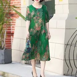 Fashion Irregular Midi Dress Vintage Floral Printed Women's Clothing O-Neck Elegant A-Line Summer Spliced Short Sleeve Dresses