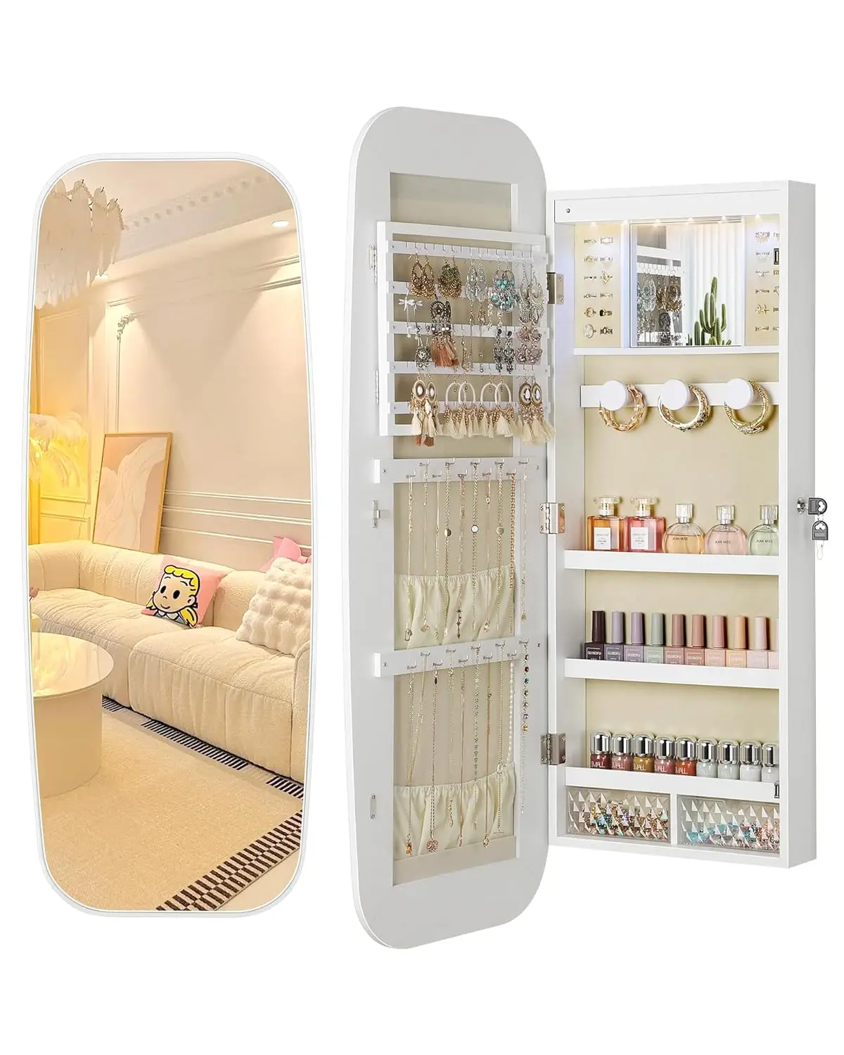 

LED Mirror Jewelry Cabinet, Rounded Jewelry Armoire Organizer, Wall or Door Mounted Jewelry Organizer with Interior Mirror, Lock