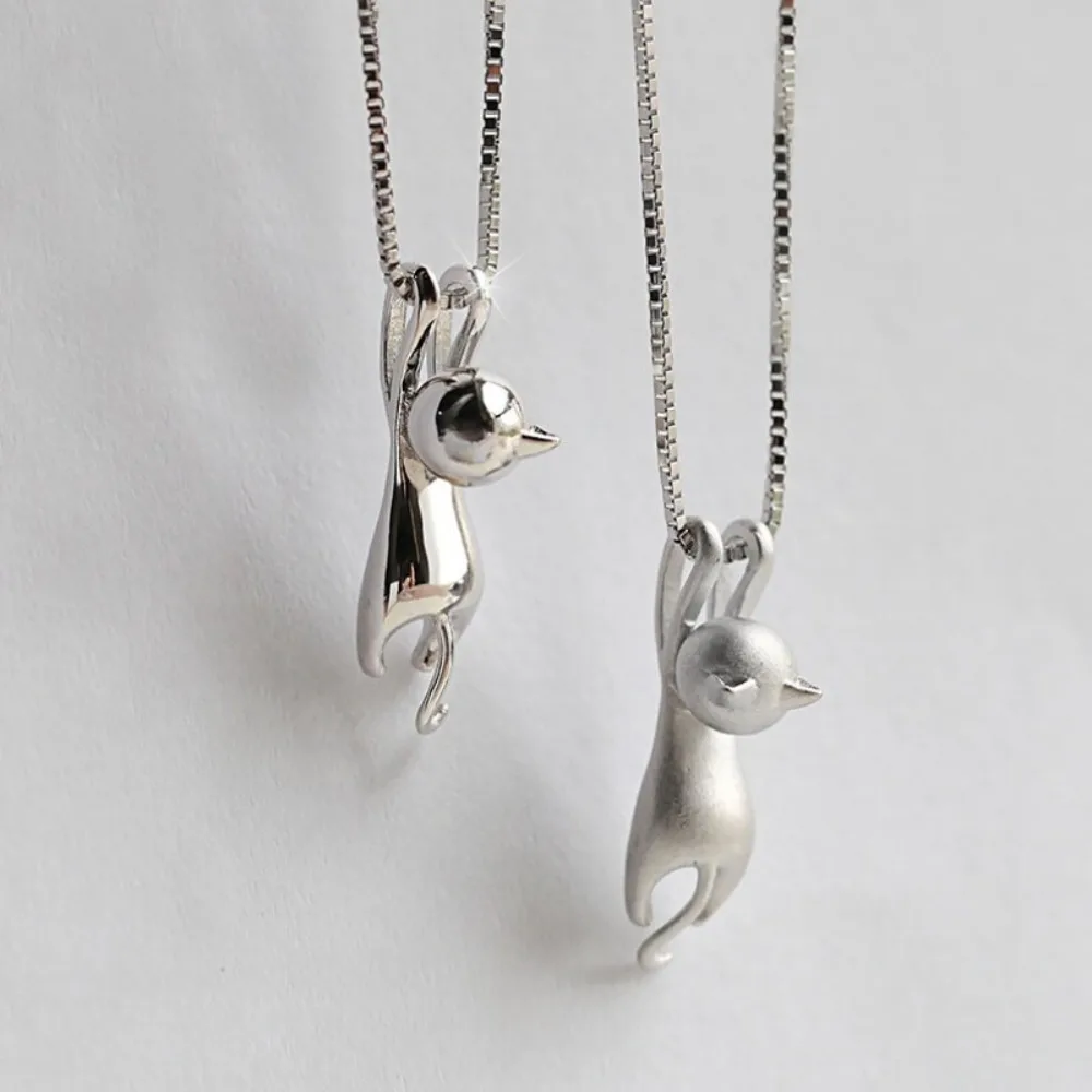 Fashion Exquisite Silver Color Dull Polish Solid Stereo Cute Cat Pendant Necklace Collar Chain for Women Funny Jewelry Gifts