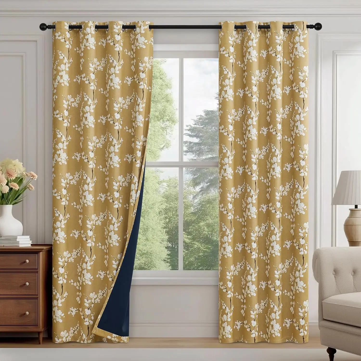 

Теплоизолирующие шторы Blackout с цветочным узором, 84 дюйма в длину, горчично-желтые с рисунком цветов, в стиле фермерского дома, на люверсах, 2 панели