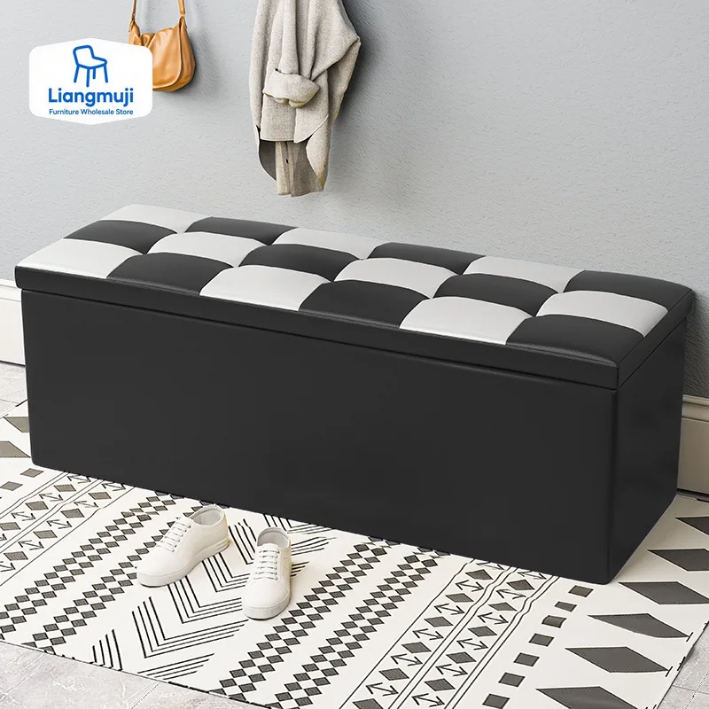 Living Room Shoe Changing Bench Stool Storage Ottoman Hold Up Bedroom Black Synthetic Leather Footstool  Muebles Home Furniture