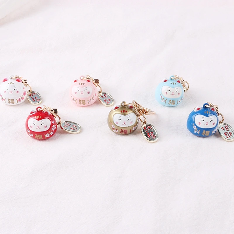 New Japanese Cute Lucky Cat Bell KeyChains Car Bag Decor Water Sound Bell Pendant Charm Keys Couple Gifts Keyring Pray Keyfob