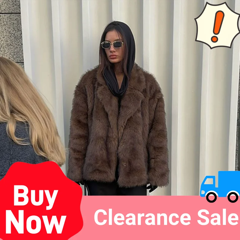 Retro Brown Turn-down Collar Artificial Fur Fluffy Coat Women Fashion Long Sleeve Single Breasted Luxury Jackets Warm Streetwear