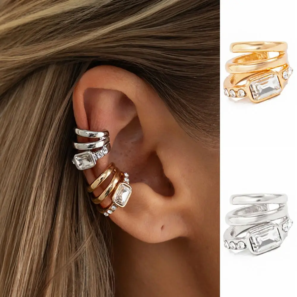 Vintage Multi-Layer C-shaped Ear Clip Golded Metal Square Zircon Stud Earrings Irregular Shape Thick Gold Jewelry Women