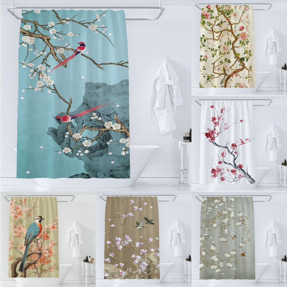 Watercolor Floral and Birds Floral Shower Curtain with Hooks - Waterproof and Minimalist Design for Bathroom Home Decor Curtain