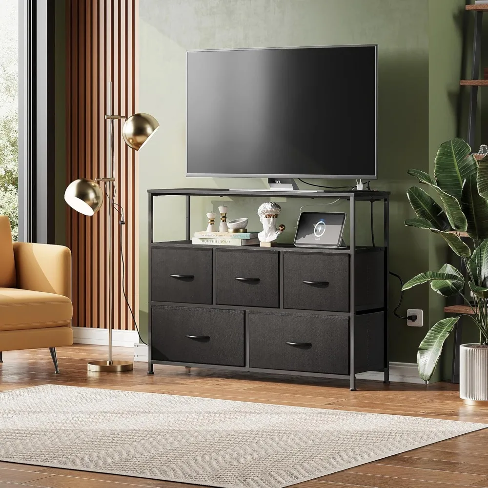 TV Stand for 45 Inch, for Bedroom, Entertainment Center with Open Shelf and Power Outlet, with 5 Drawers, Dresser TV Stand