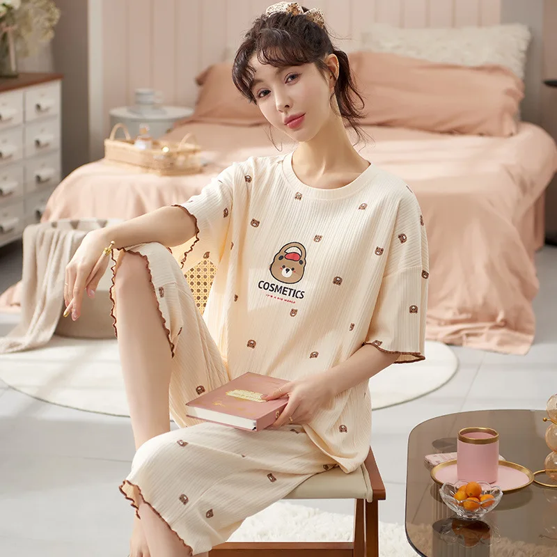 

Cotton High Quality Short Sleeve Calf Pant Pajamas Set Fashion Round Collar Sleepwear for Women Korean Pijamas Summer Pjs Pyjama