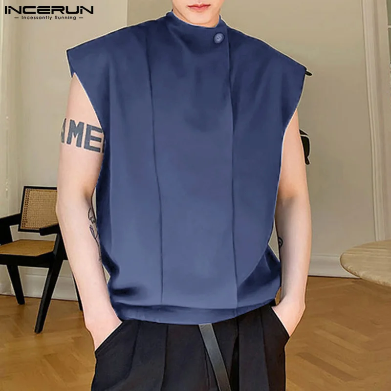 Men Tank Tops Solid Color Stand Collar Sleeveless Summer Fashion Men Clothing Streetwear Korean 2024 Casual Male Vests INCERUN