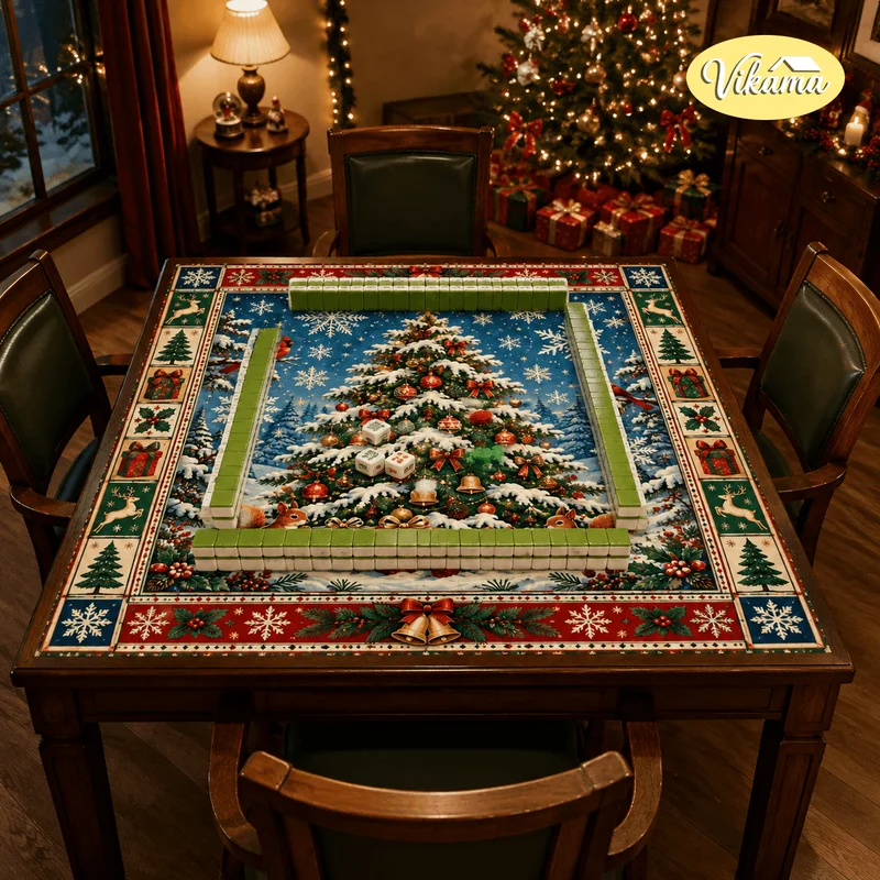 VIKAMA Christmas Mahjong Game Table Mat, Retro Christmas Tree, Squirrel, and Cardinal Non-Slip Square Tablecloth, Home Decor