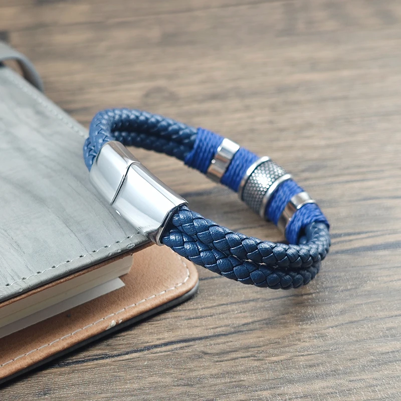 Neues Blaues Geflochtenes 5-Farben Leder Edelstahl Herren Armband Magnetverschluss Handgefertigtes Armband für Männer Casual Tägliches Tragen – Detail 8