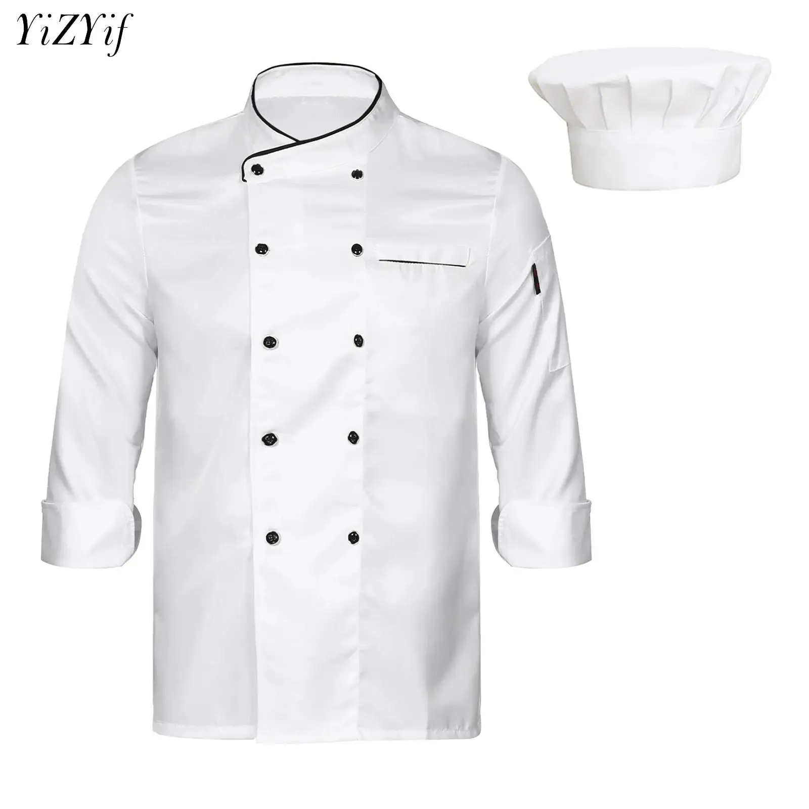 Women Men Chef Uniform Kitchen Restaurant Hotel Canteen Work Jacket Waiter Baker Coat Top Baking Catering Cooking Shirt with Hat