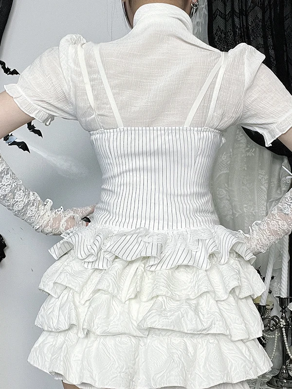 Gothic Sle White Duch Top Set Cosplay Street Snap Faion Subculture Lolita Women's Midweight  Collar irt Suit