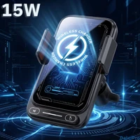 Soporte de teléfono para coche con detección inteligente, carga inalámbrica Qi de 15W, rotación motorizada, liberación y sujeción de un solo toque, puerto de Cable giratorio