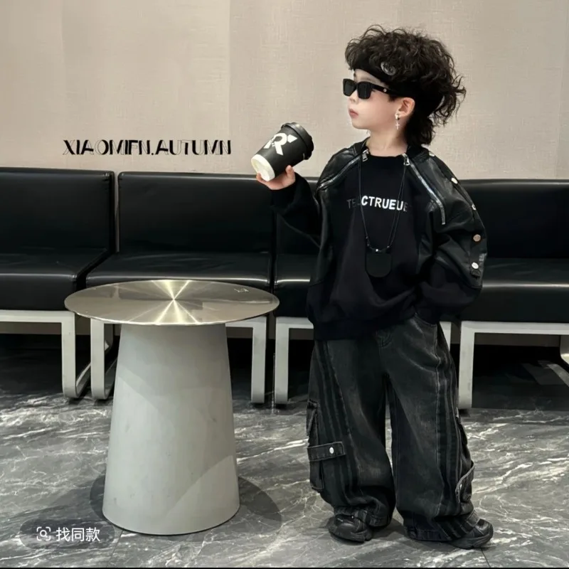 Children's 2025 Autumn Pullover Solid Color Letter Korean Version  Splicing PU Sweater Denim Trousers Set Boys  Two-piece Set