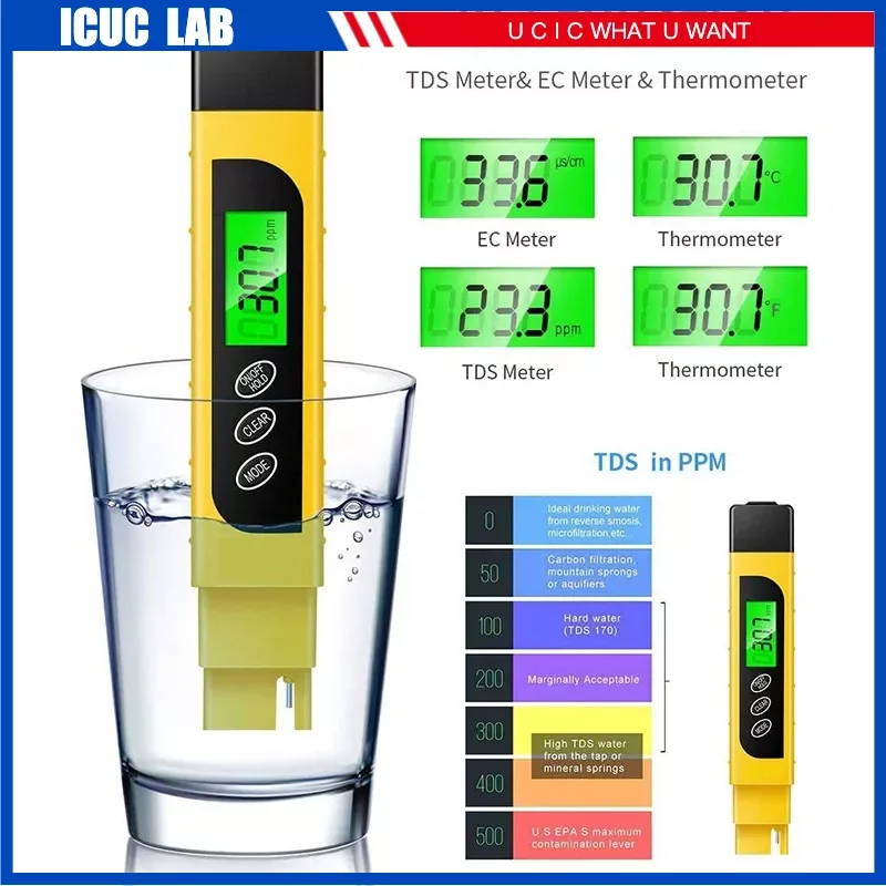 

Portable TDS EC TEMP 4 In 1 Water Quality Meter Temperature Tester Household Multifunctional Pen Conductivity Testing