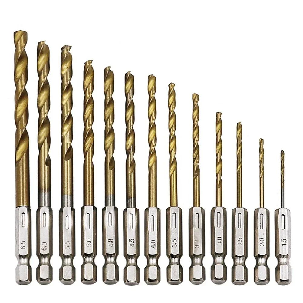 1.5mm-6.5mm HSS Titanium Coated Drill Bits 1/4 inch Hex Shank High Speed Steel Twist Drill For Metal Wood Plastic