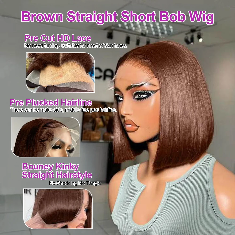Bob Glueless Perücke Glatt Kurz #4 Schokobraun 13x4 HD Lace Front 100% Echthaar 250% Dichte Ready to Wear Versand aus FR Lager für Schwarze Frauen – Detail 5