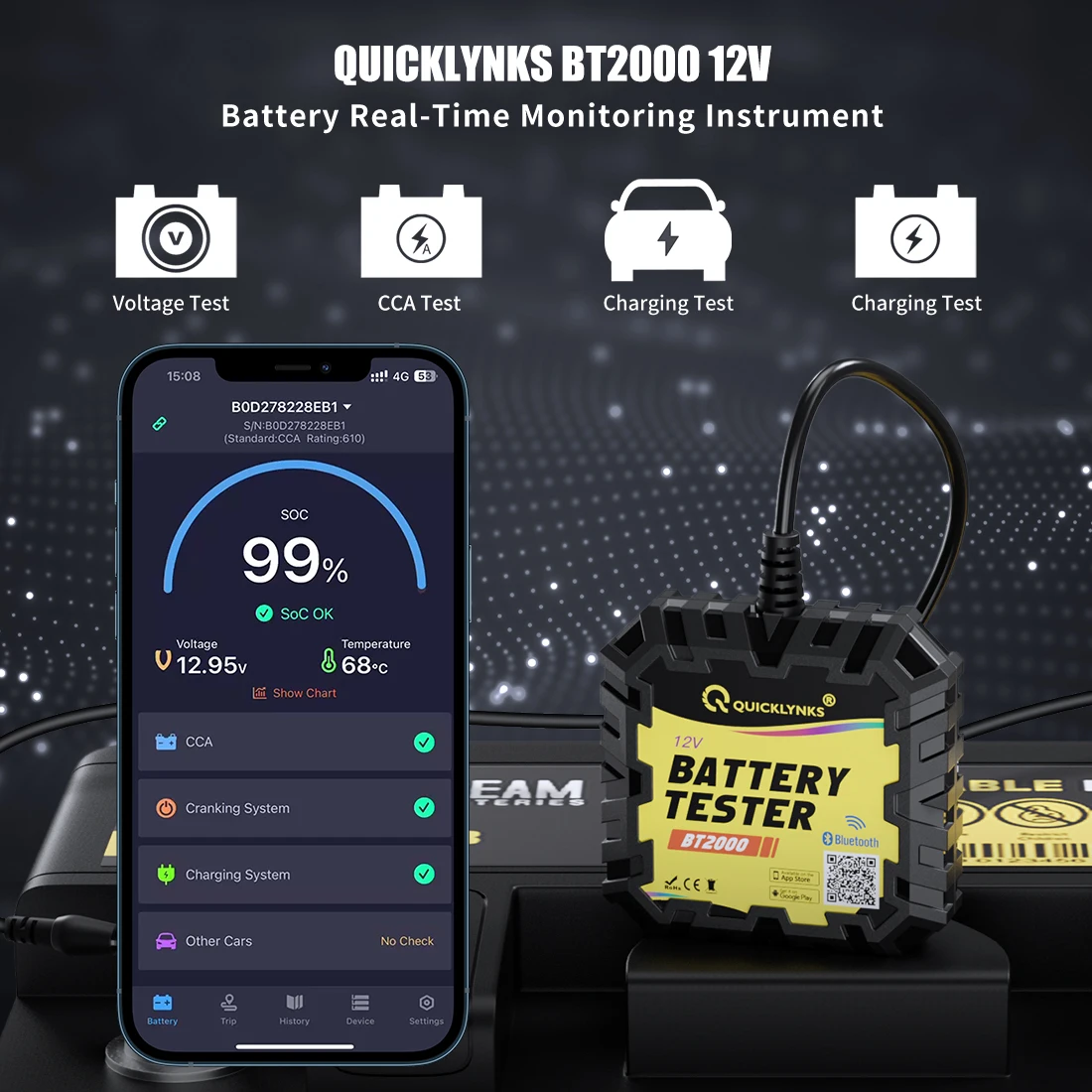 QUICKLYNKS BT2000 12V Car Battery Tester 100-2000CCA Battery Analyzer Cranking Charging Test Battery Mornitor