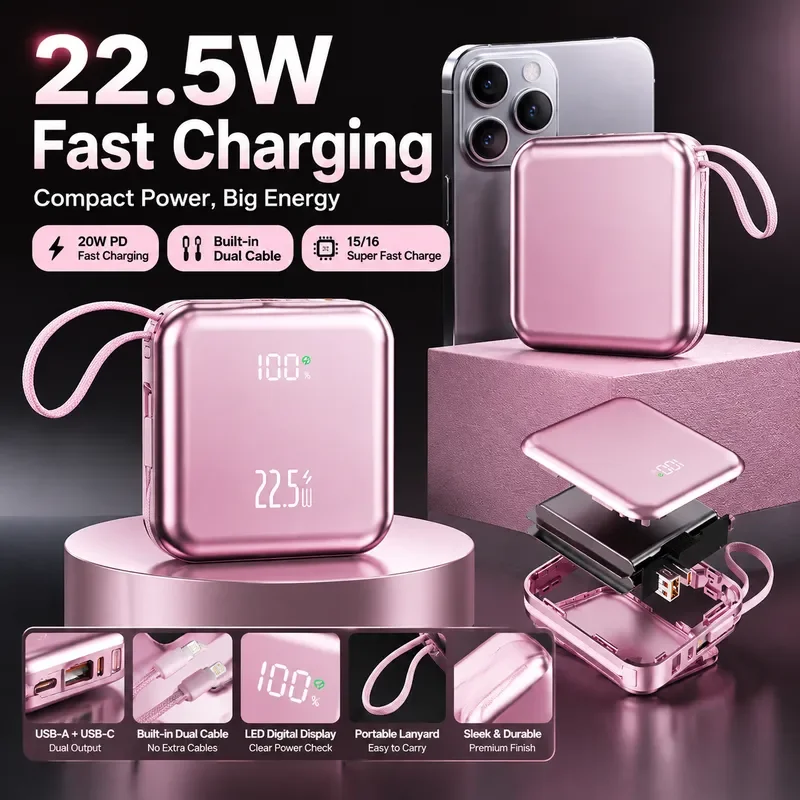 20000mAh Power Bank Bring Your Own Cable Super Fast Charging Compact Portable Charger Mobile Power Supply for Smartphone