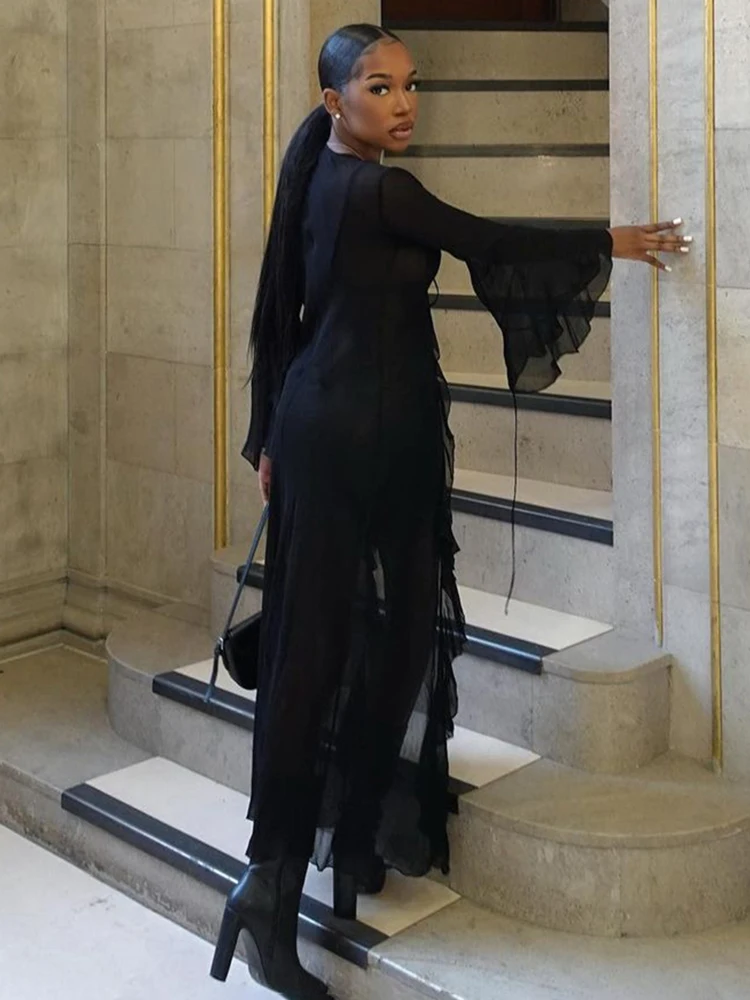 Nibber Solid Dress Women Ruffles Lace Up Summer Trend Sheer Long Sleeve Deep v-Neck Streetwear Y2K Cardigan Bodycon Clubwear