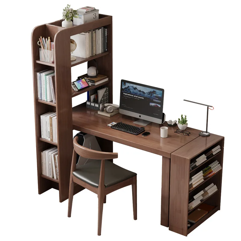Modern Solid Wood Office Computer Desk Family Office Student Study Writing Desk With Bookshelf Storage Rack Single Table