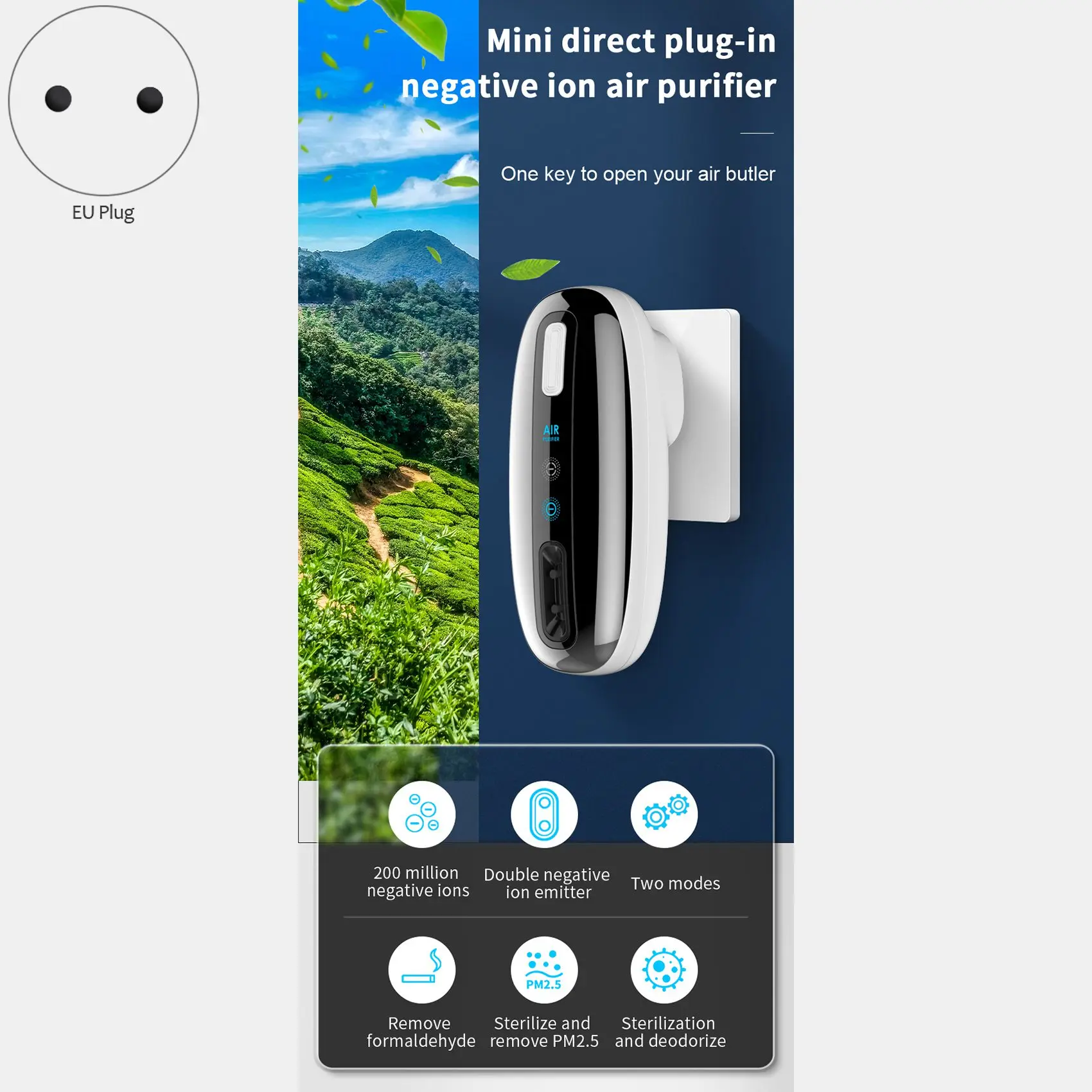 200 milhões em linha purificador de ar de íon negativo portátil 360 graus all-round quarto banheiro odor desodorante plugue da ue