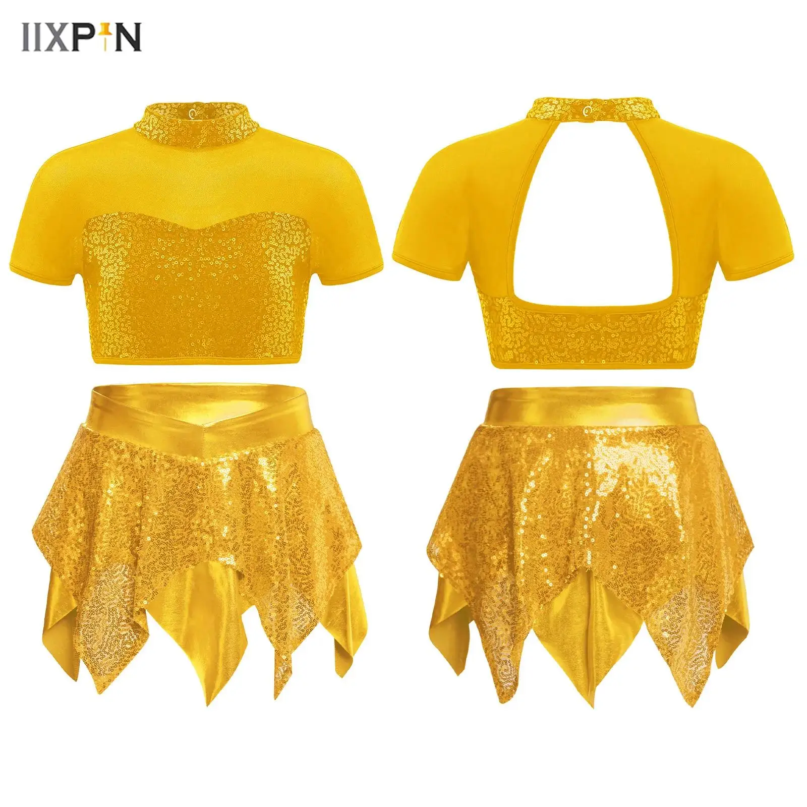 

Kids Girls Jazz Latin Dance Outfit Short Sleeve Cutout Back Shiny Sequins Crop Top+Asymmetrical Skirt Cheerleading Dance Uniform
