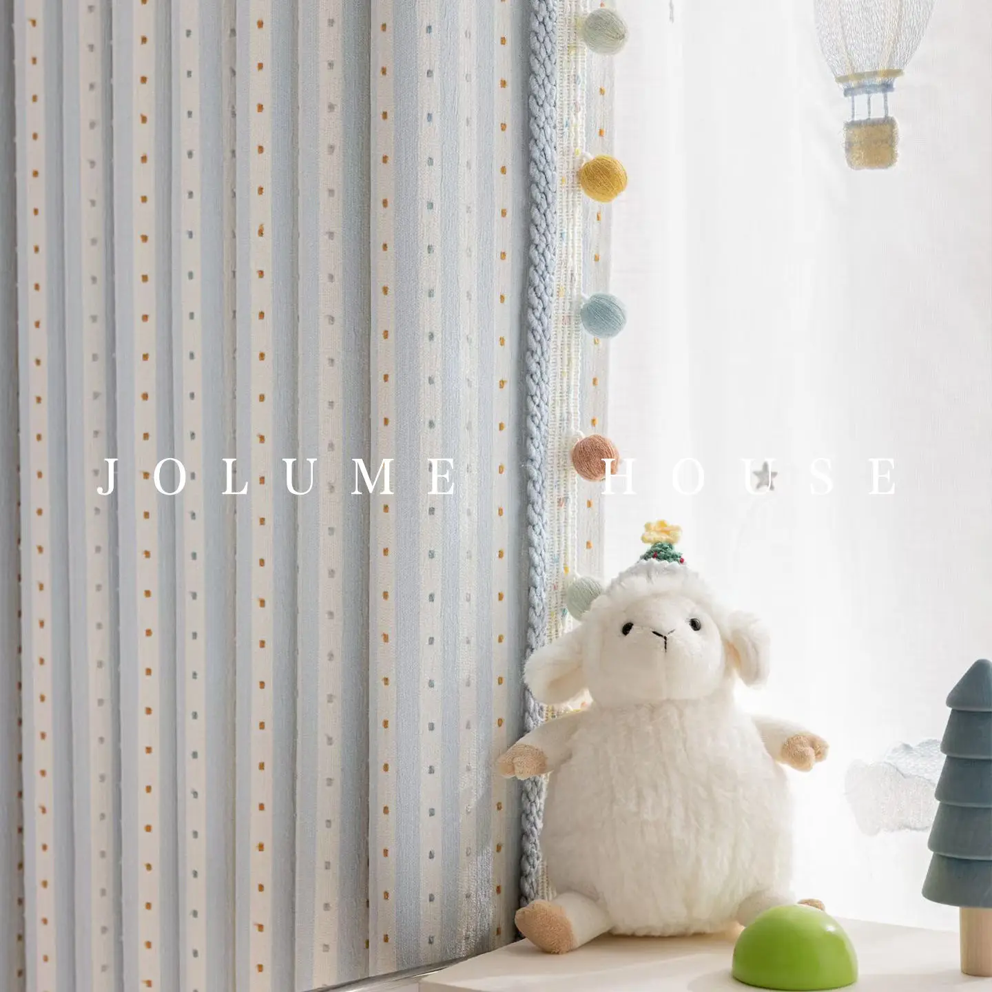 Blue Colorful Polka Dot Chenille Pom-pom Lace Children's Room Curtains for Living Dining Room Bedroom Blackout Window Decor