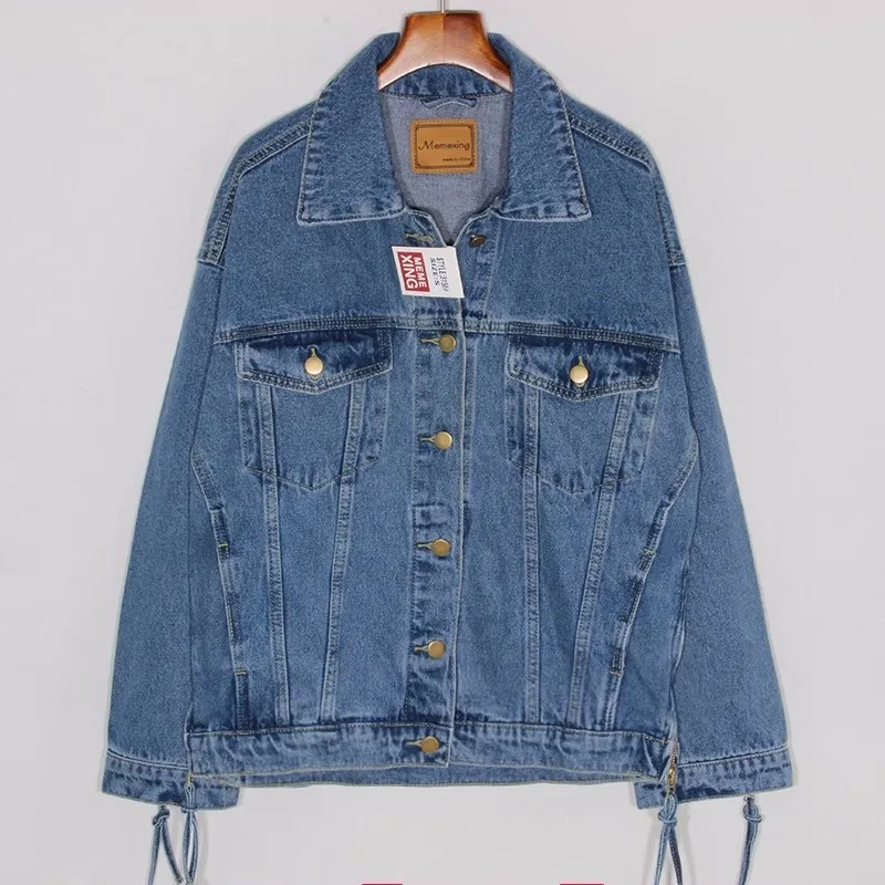 

Vintage Blue Denim Jacket Coat Women Spring Autumn Loose Cowboy Outerwear Big Pocket Long Sleeve Side Zipper Jeans Jacket Female
