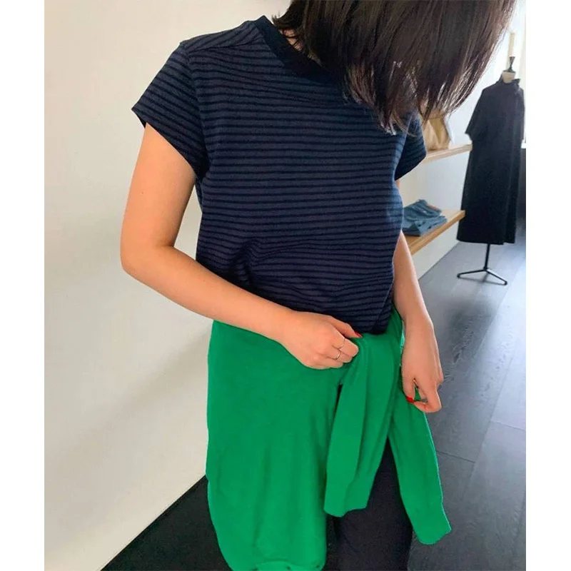 

Casual round Ne Striped Loose ort Sve T-irt Women's Simple Versatile Dongda Gate Spring Summer Faion Basic Tee