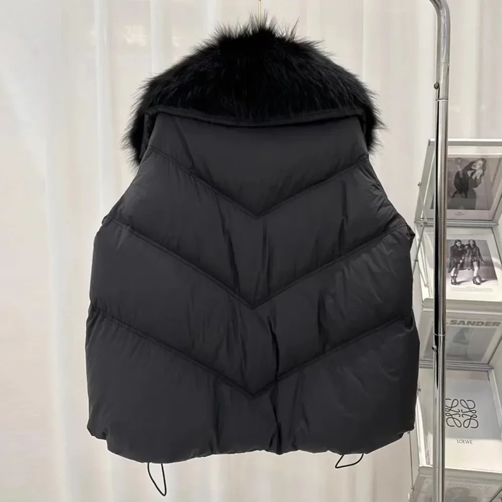 2025 Mode Winter Grote Echte Wasbeer Bont Puffer Jas Vrouwen Oversized Feather Down Parka Gebreide Mouw Witte Eend Donsjack