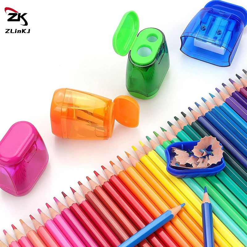 (ZYDD01) 4 قطع مبراة أقلام رصاص ثنائية الفتحة مع غطاء وحاوية نجارة مجموعة مبراة يدوية محمولة لأقلام الرصاص الملونة #4