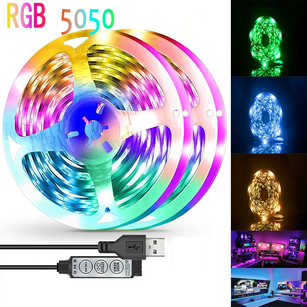 LED USB Light Bar 1/ 2 /3 /5M Color-changing RGB Flexible Light Bar 3 Buttons Children's Playroom Home TV Backlight Decoration I