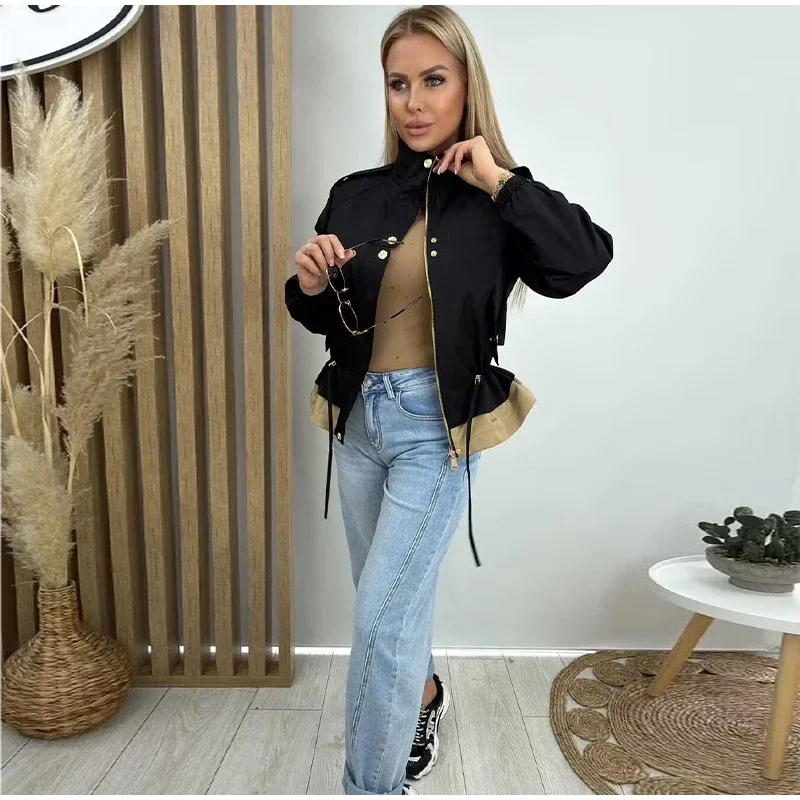 Damen-Oversize-Mäntel mit Kordelzug in der Taille, Stehkragen, Epauletten, Langen Ärmeln, Knopfleiste, Lose Jacken, Schicke Neue Oberbekleidung für Damen – Detail 12