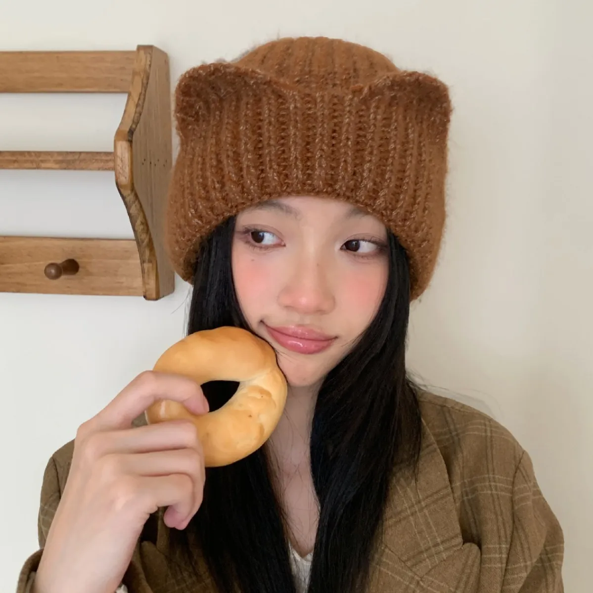 Women Fox Ears Knitted Beanie Hat Winter Warm Fuzzy Chunky Ribbed Skull Cap Cute Animal Ears Beanie Hat for Girls