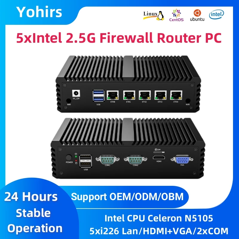 ヨーヒルス ファンレス産業用コンピューター Celeron N5105 POE 2COM 5xIntel I225/I226 2.5G HD VGA ミニPC ネットワークセキュリティ ファイアウォール ルーター
