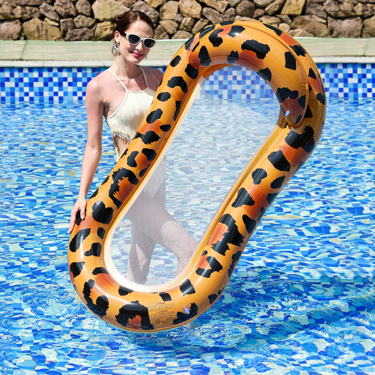 1pc Leopard Print Inflatable Water Floating Bed with Headrest, Mesh Pool Lounge Chair, Portable Swimming Float for Pool Beach