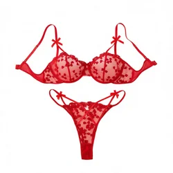 Yimunancy 2-Piece Heart Embroidery Bra +Panty Underwear Set Women Sheer Bow Lingerie Set Sexy Intimates