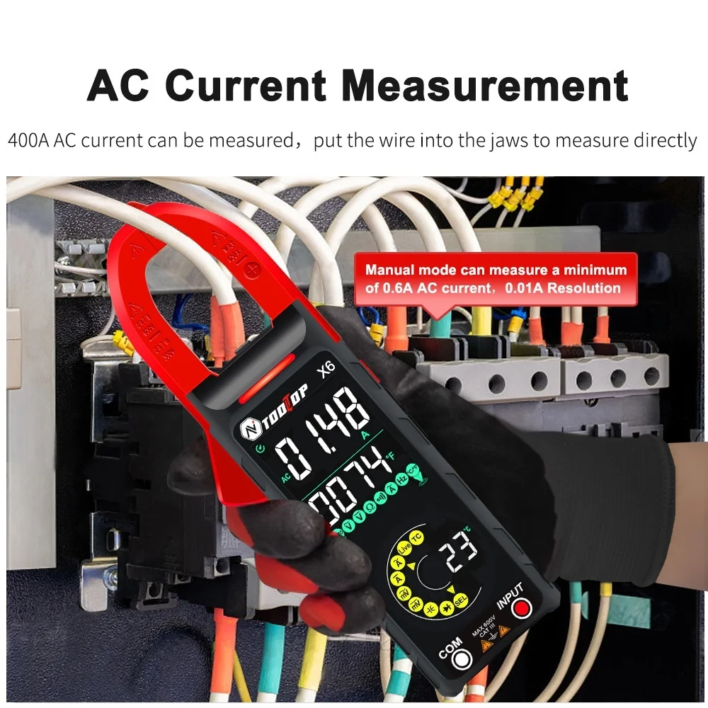 TOOLTOP X6 Smart 400A AC DC Clamp Meter 6000 Counts Ammeter Voltmeter Auto + Manual Test Hz Capacitance NCV Ohm Diode Testers