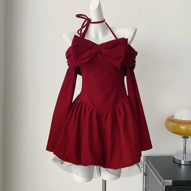 Y2K Velvet Short Dresses for Women Halter Long Sleeve A-line Birthday Party Dress Autumn New Kawaii Solid Korean Fashion Vestido