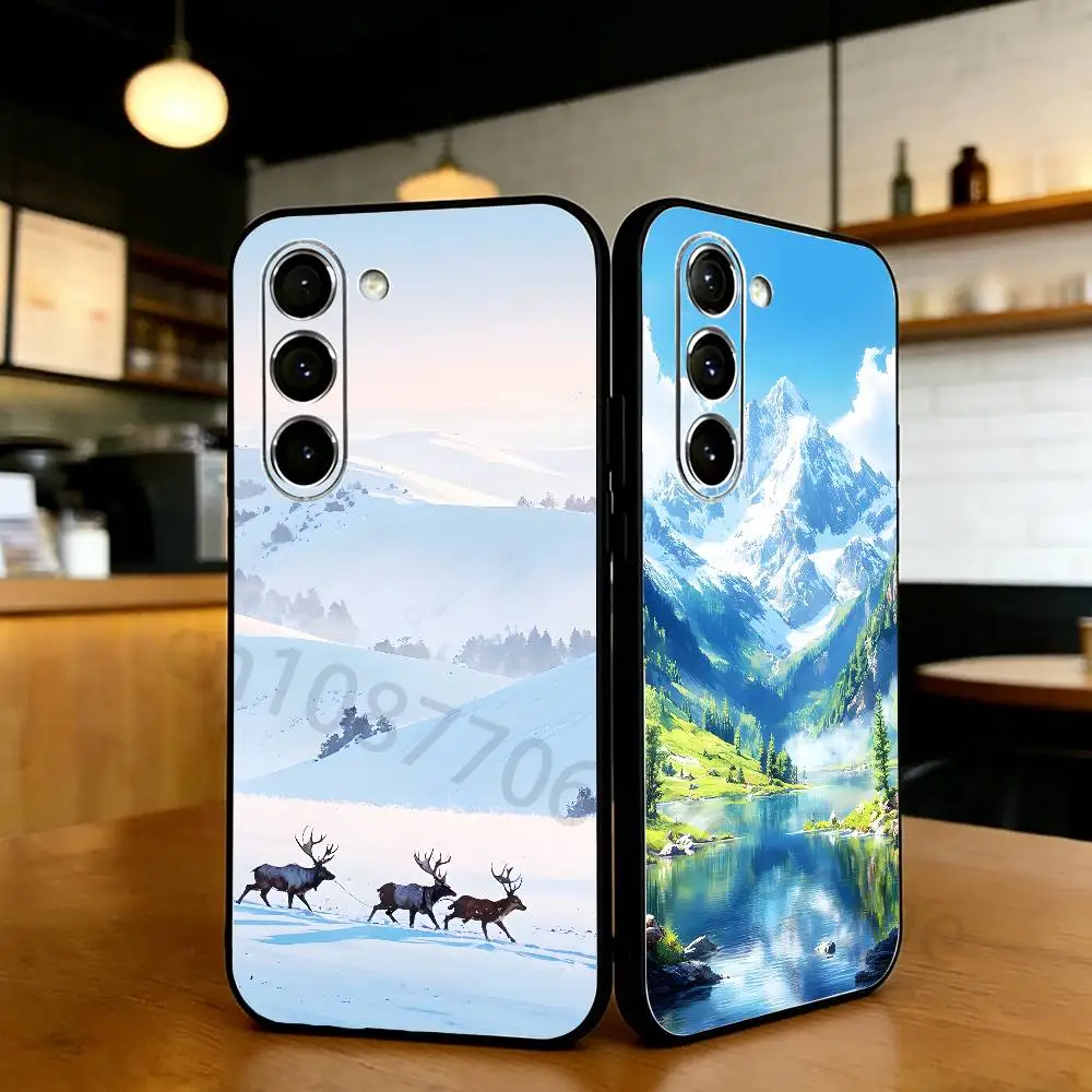 Natural Scenery Snow Mountain Phone Case For Samsung S20,21,22,23,24,25,26 Ultra,Plus,Lite,FE,Black Soft Case