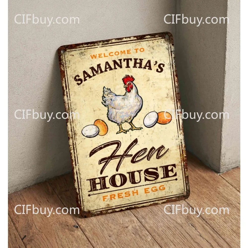 [2D Flat] Custom Hen House Vintage Metal Sign, Personalized Name Wall Plaque, Farm Chicken Coop Decor (Only For Decoration)