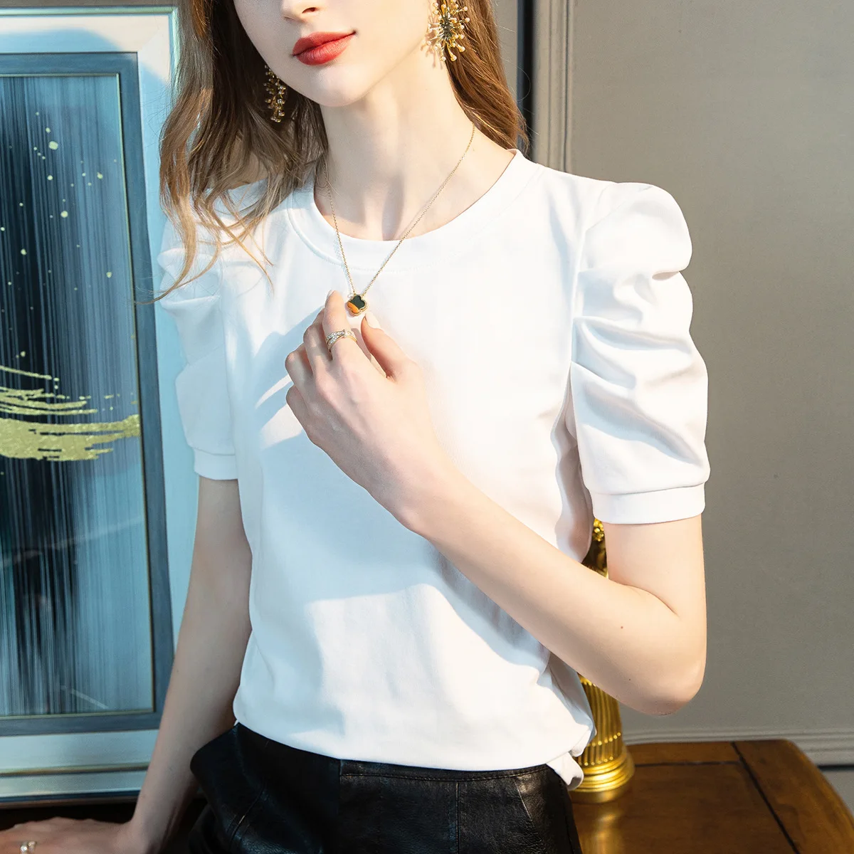 Short Sleeve Women's T-Shirt New Solid Color Half Sleeve Cotton Woman T-Shirt Folded Bubble Sleeve Design Women Top Tees