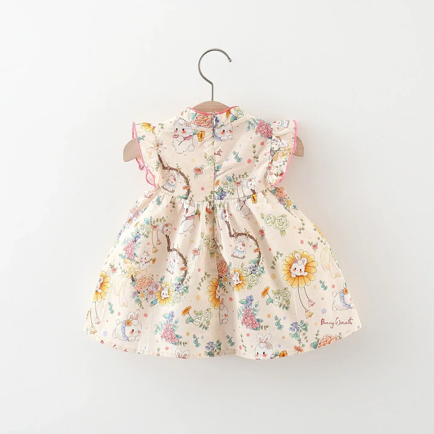 Chinese Style Summer New Girls\' Dress Small Flying Sleeve Small Rabbit Flowers Printed A-word Dress Exquisite Buttons