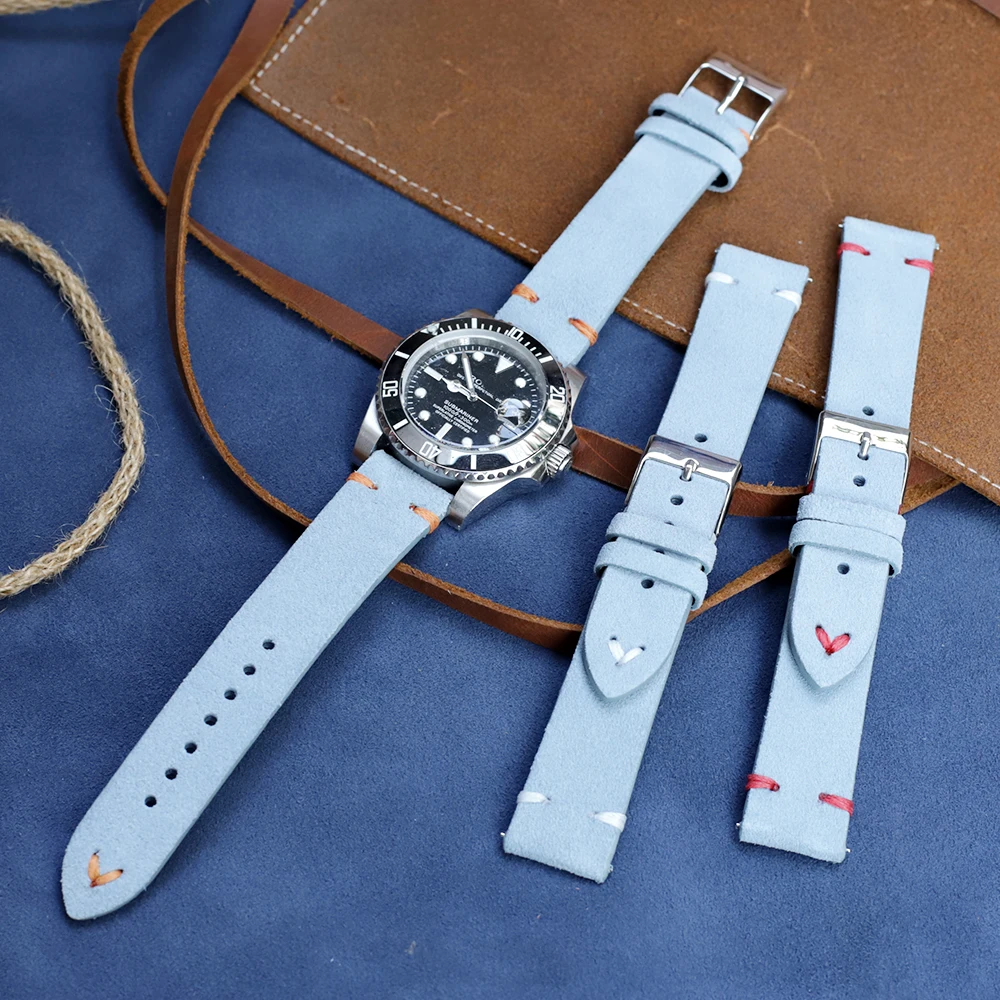 Suede Leather Watch Band 18mm 20mm 22mm 24mm Light Blue Watch Strap Replacement Wristband Handmade Stitching Watchband