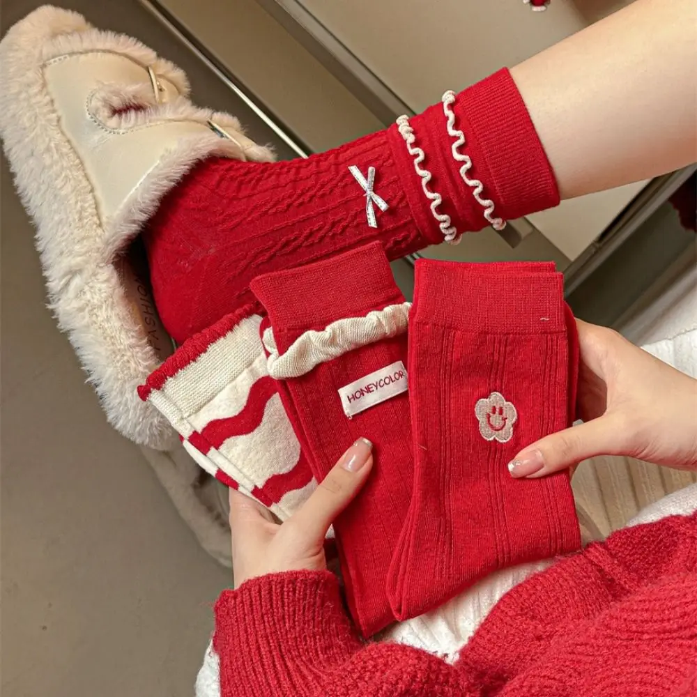 

Trendy Red Bow Female Elastic Striped Socks Knitted Winter Thickened Snow Boot Socks Cotton Middle Tube Socks New Year Gift