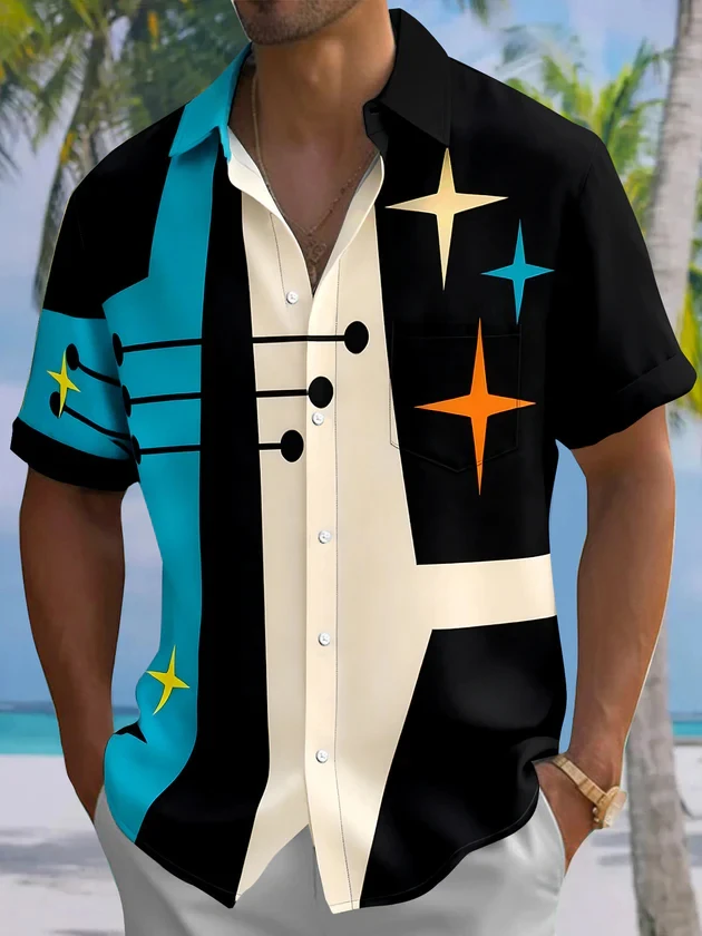 Fashion Men's Musical Note Print Shirts Vintage Music Theme Summer Casual Short Sleeve Lapel Tops Men Clothing