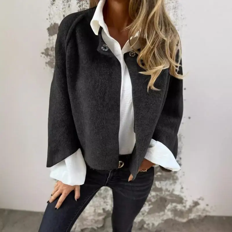 Women\'s Wool Blend Short Coat Autumn Winter Loose Long Sleeved Solid Color Jacket