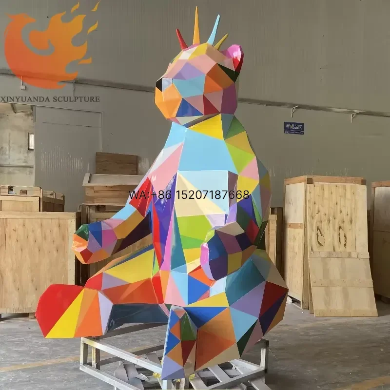 Wmwmnu Hot Sale High Quality Art Resin Sculpture Fiberglass Geometric Painted Bear Statue for Outdoor Decoration